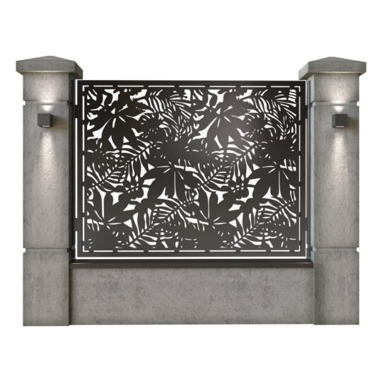 Panou de gard mare din tabla decupata (traforata) CNC cu plasma, model Tropical, SM TRP03, 1940 x 1500 mm, Negru