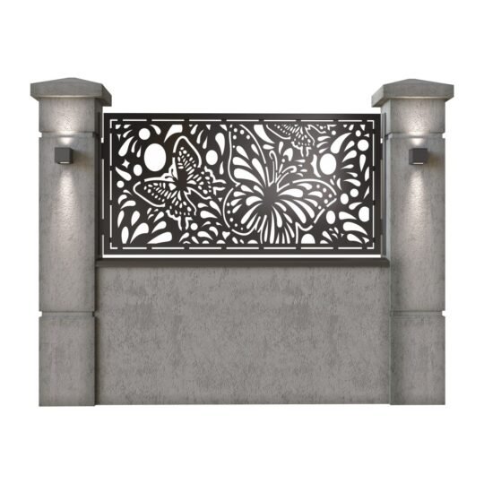Panou de gard mic din tabla decupata (traforata) CNC cu plasma, model Fluturi, SM FLT02, 1940 x 990  mm, Negru