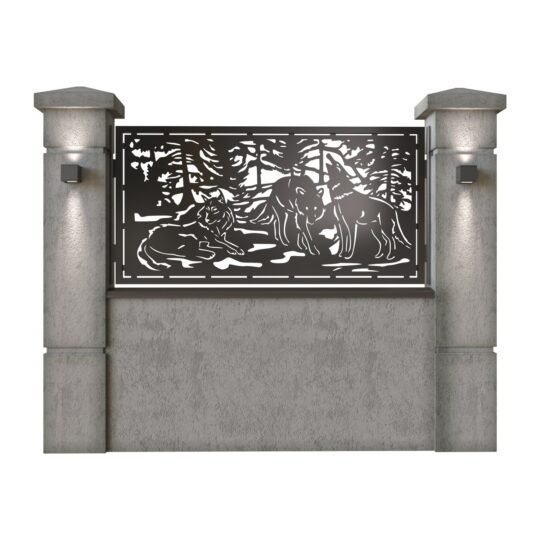 Panou de gard mic din tabla decupata (traforata) CNC cu plasma, model Lupi, SM LUP02, 1940 x 990 mm, Negru