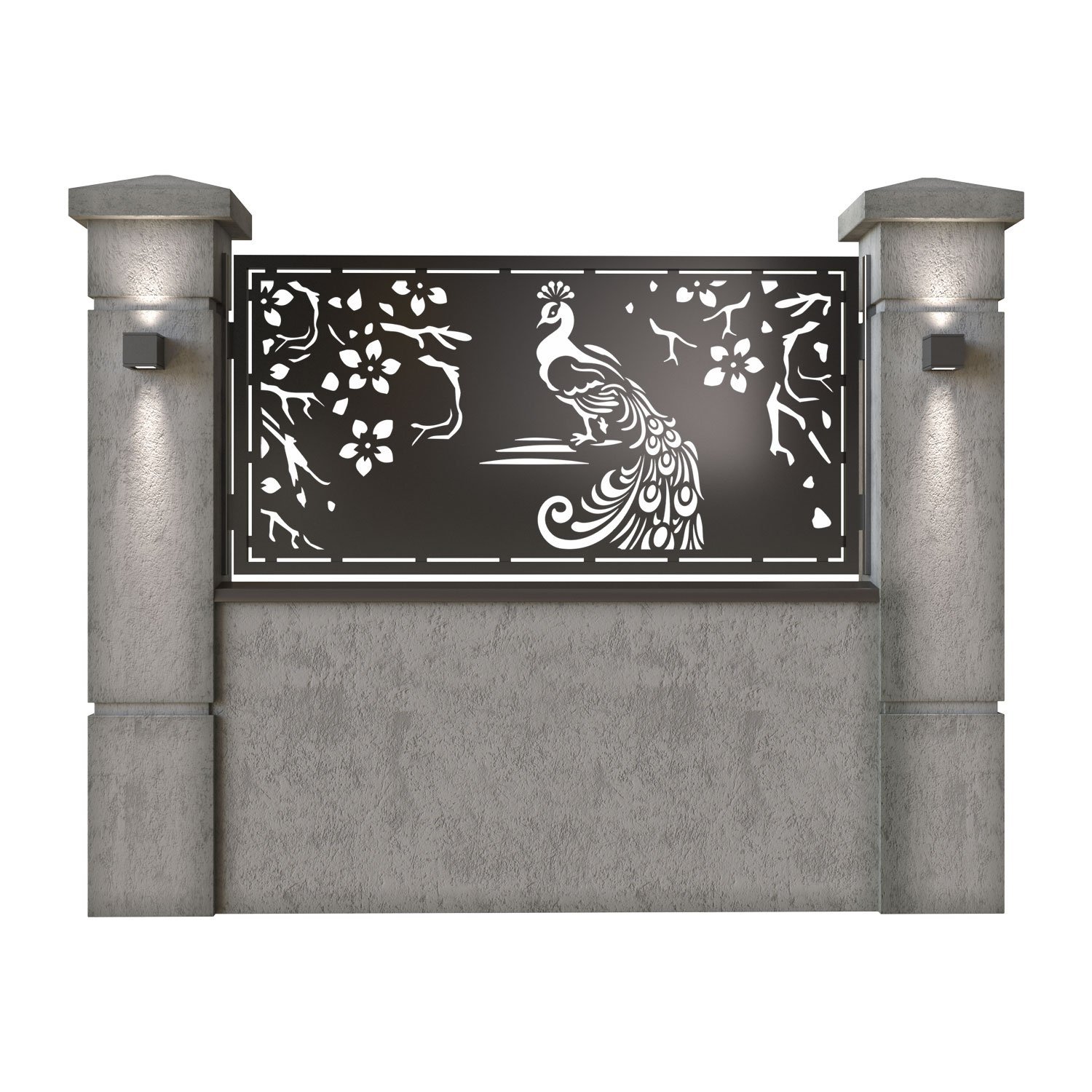 Panou de gard mic din tabla decupata (traforata) CNC cu plasma, model Pauni, SM PUN02, 1940 x 990 mm, Negru