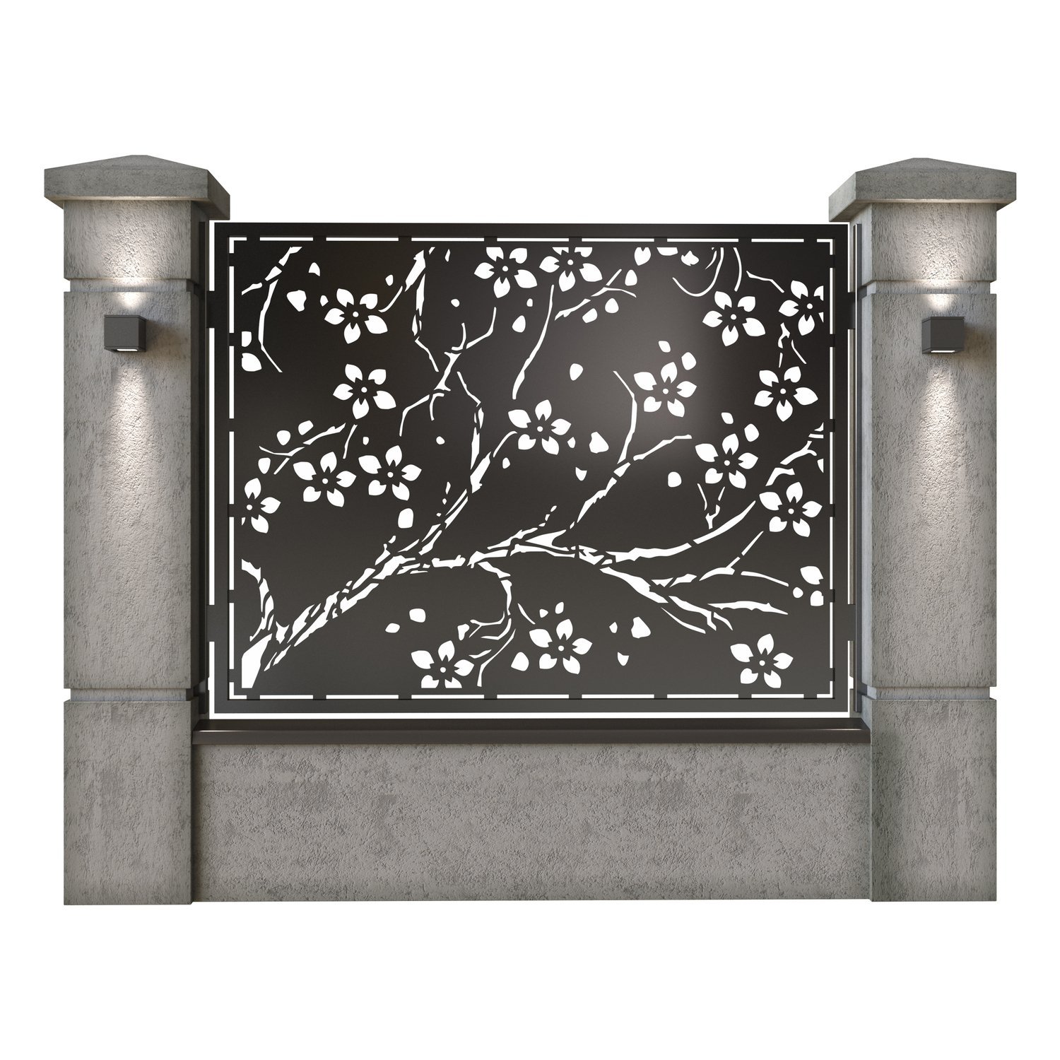 Panou de gard mare din tabla decupata (traforata) CNC cu plasma, model Cherry, SM CHR03, 1940 x 1500 mm, Negru