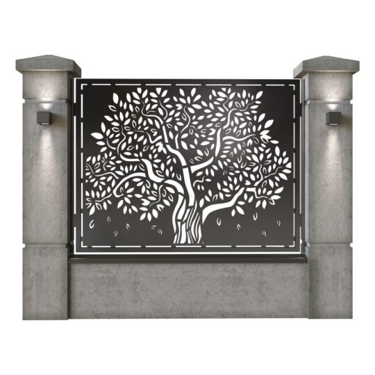 Panou de gard mare din tabla decupata (traforata) CNC cu plasma, model Copac, SM COP03, 1940 x 1500 mm, Negru