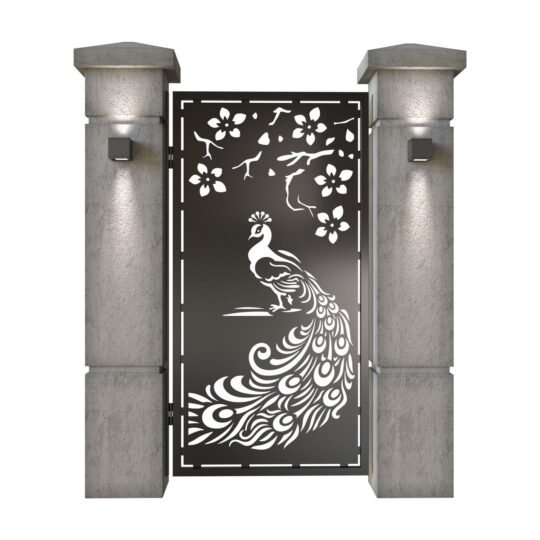 Poarta pietonala din tabla decupata (traforata CNC) cu plasma, model Pauni, SM PUN01, 990 x 1940 mm, Negru