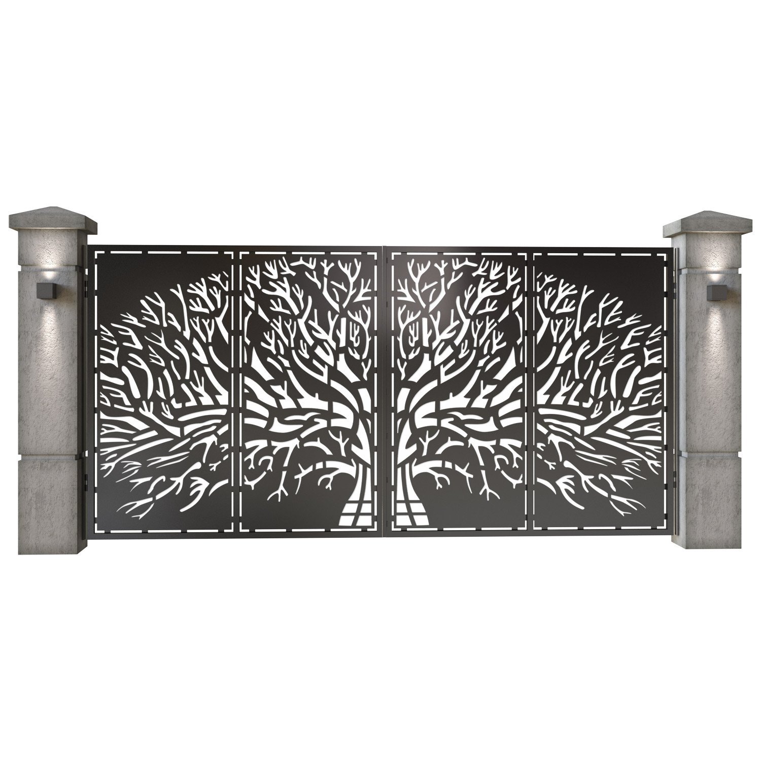 Poarta auto mare batanta din tabla decupata (traforata CNC) cu plasma, model Arbore, SM ARB05, 3884 x 1940 mm, Negru