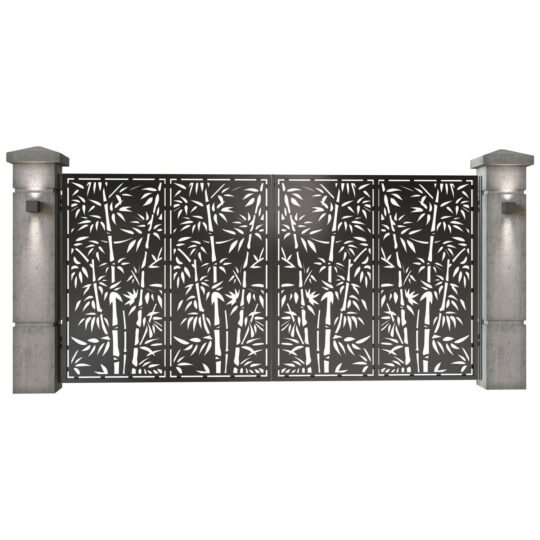 Poarta auto mare batanta din tabla decupata (traforata CNC) cu plasma, model Bamboo, SM BMB05, 3884 x 1940 mm, Negru