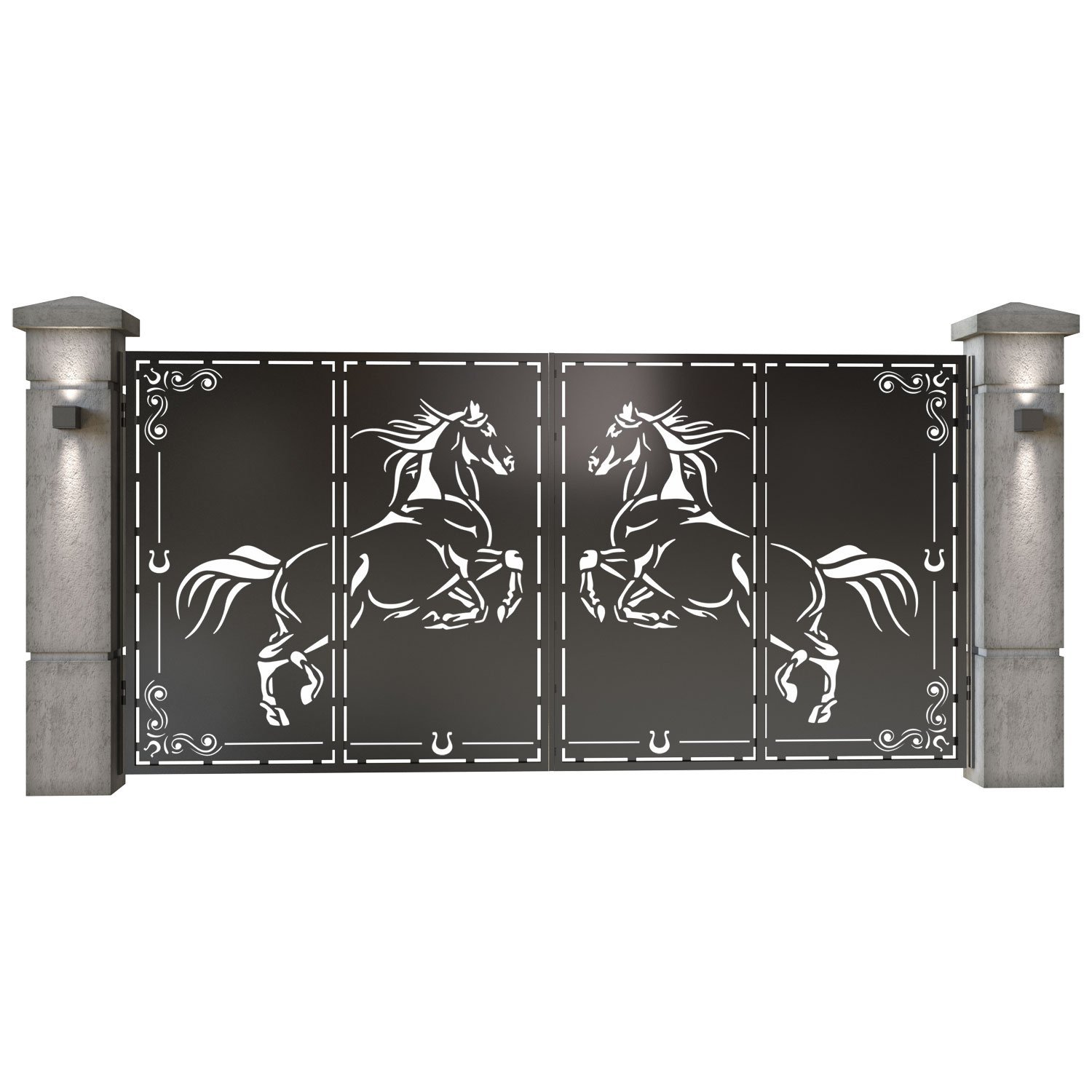 Poarta auto mare batanta din tabla decupata (traforata CNC) cu plasma, model Cal (Cai), SM CAL05 , 3884 x 1940 mm, Negru