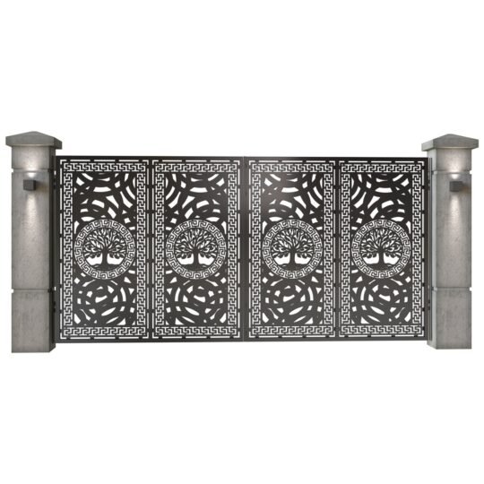 Poarta auto mare batanta din tabla decupata (traforata CNC) cu plasma, model Copacul Vietii, SM CPC05, 3884 x 1940 mm, Negru