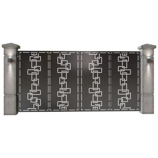 Poarta auto mare batanta din tabla decupata (traforata CNC) cu plasma, model Domino, SM DMN05, 3884 x 1940 mm, Negru