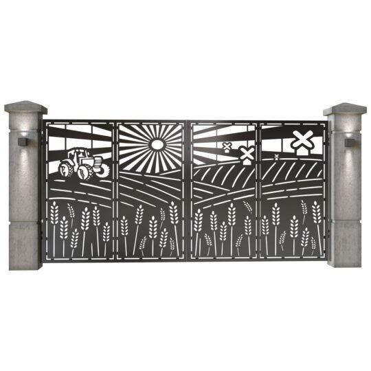 Poarta auto mare batanta din tabla decupata (traforata CNC) cu plasma, model Ferma, SM FRM05, 3884 x 1940 mm, Negru