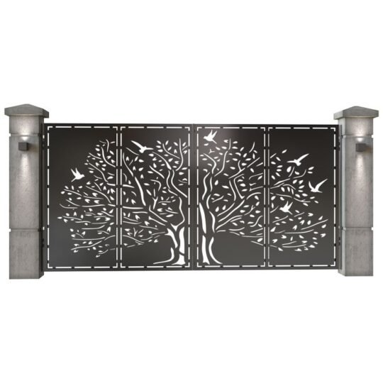 Poarta auto mare batanta din tabla decupata (traforata CNC) cu plasma, model Forest, SM FRS05, 3884 x 1940 mm, Negru