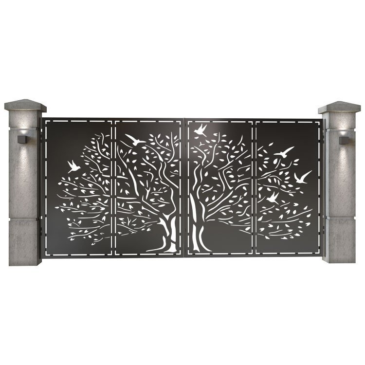 Poarta auto mare batanta din tabla decupata (traforata CNC) cu plasma, model Forest, SM FRS05, 3884 x 1940 mm, Negru