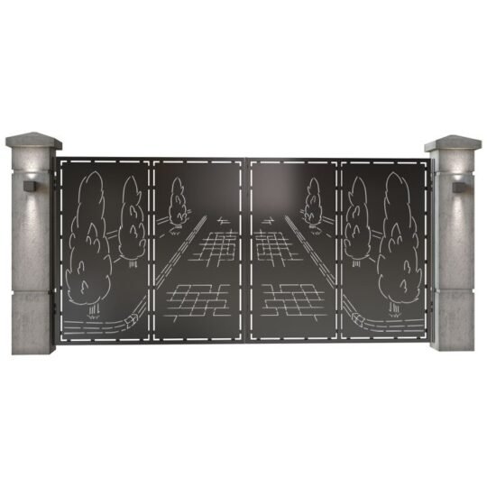 Poarta auto mare batanta din tabla decupata (traforata CNC) cu plasma, model Garden, SM GRD05, 3884 x 1940 mm, Negru