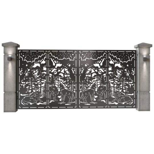 Poarta auto mare batanta din tabla decupata (traforata CNC) cu plasma, model Lupi, SM LUP05, 3884 x 1940 mm, Negru