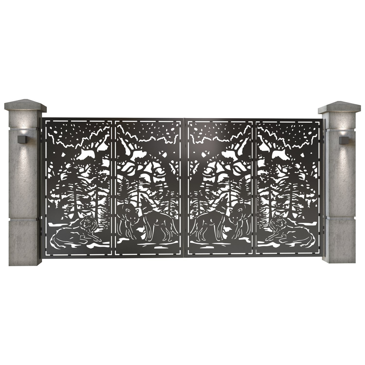 Poarta auto mare batanta din tabla decupata (traforata CNC) cu plasma, model Lupi, SM LUP05, 3884 x 1940 mm, Negru