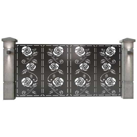 Poarta auto mare batanta din tabla decupata (traforata CNC) cu plasma, model Nostalgia, SM NSTA05, 3884 x 1940 mm, Negru