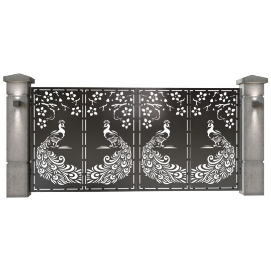 Poarta auto mare batanta din tabla decupata (traforata CNC) cu plasma, model Pauni, SM PUN05, 3884 x 1940 mm, Negru