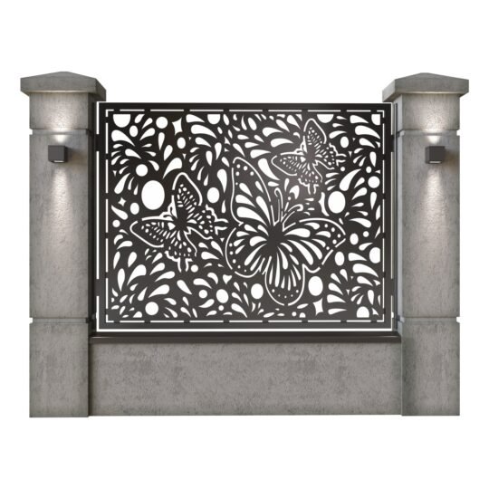 Panou de gard mare din tabla decupata (traforata) CNC cu plasma, model Fluturi, SM FLT03, 1940 x 1500 mm, Negru