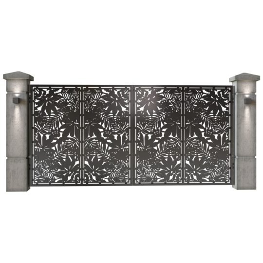 Poarta auto mare batanta din tabla decupata (traforata CNC) cu plasma, model Tropical, SM TRP05, 3884 x 1940 mm, Negru
