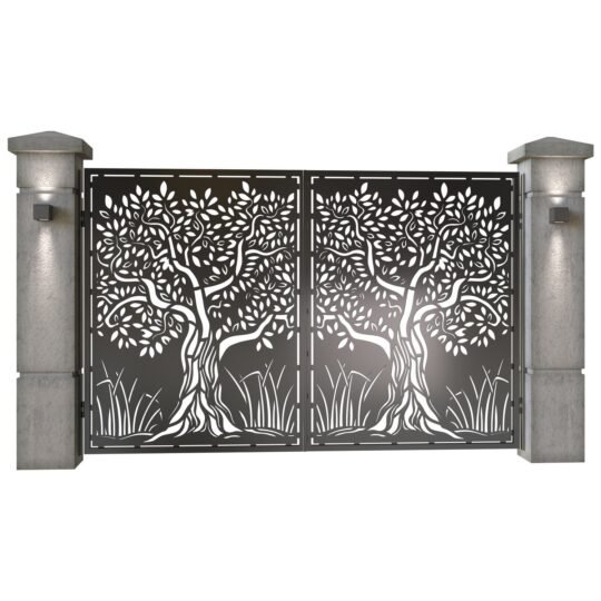 Poarta auto mica batanta din tabla decupata (traforata CNC) cu plasma, model Copac, SM COP04, 3000 x 1940 mm, Negru