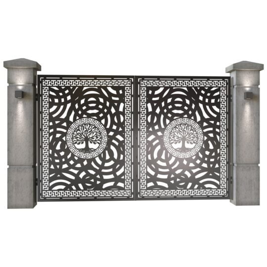 Poarta auto mica batanta din tabla decupata (traforata CNC) cu plasma, model Copacul Vietii,  SM CPC04, 3000 x 1940 mm, Negru