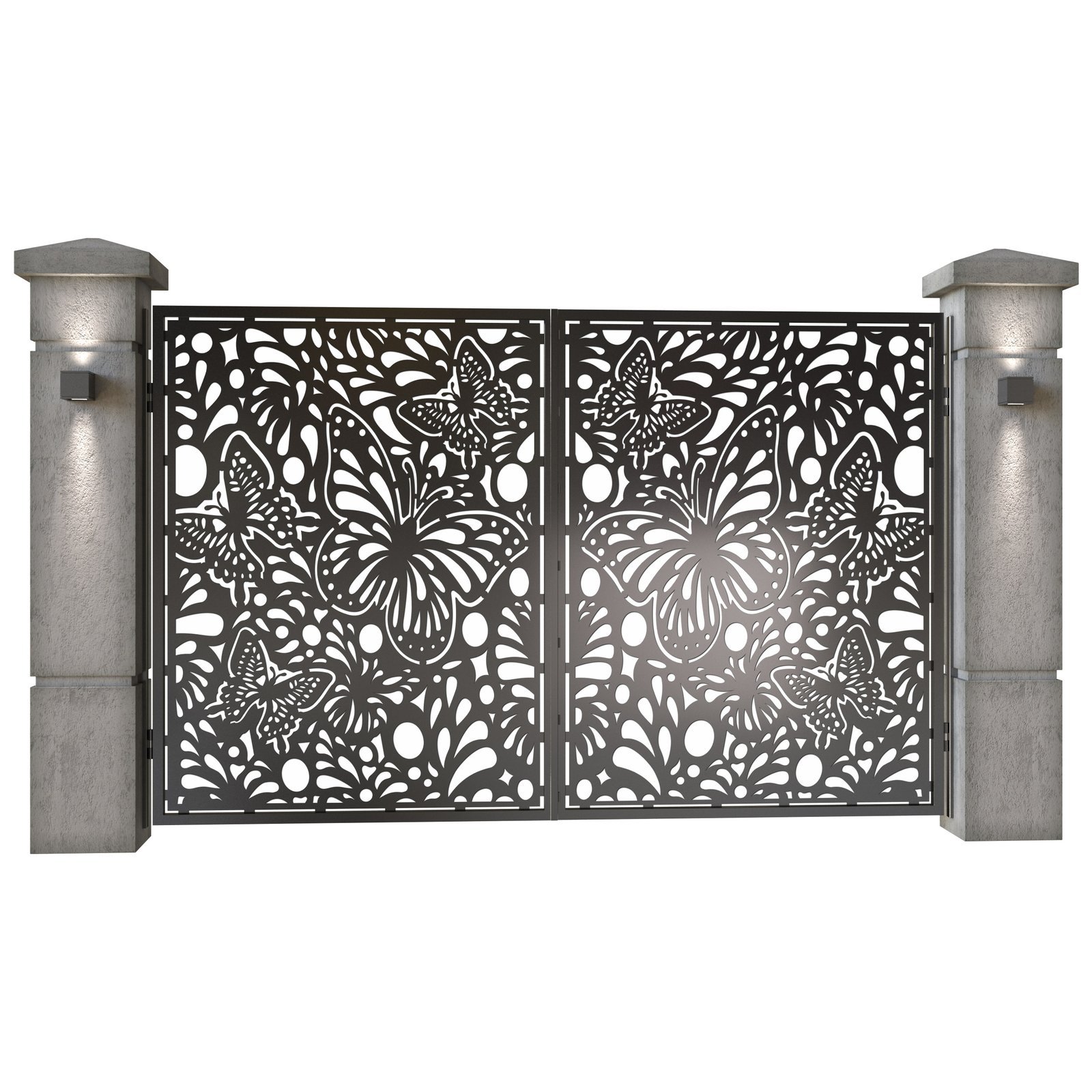 Poarta auto mica batanta din tabla decupata (traforata CNC) cu plasma, model Fluturi, SM FLT04, 3000 x 1940 mm, Negru