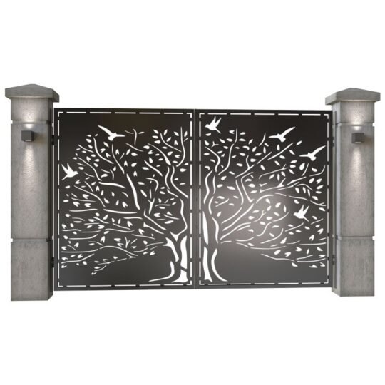 Poarta auto mica batanta din tabla decupata (traforata CNC) cu plasma, model Forest, SM FRS04, 3000 x 1940 mm, Negru