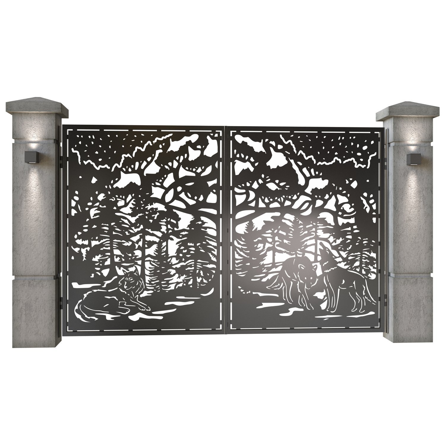 Poarta auto mica batanta din tabla decupata (traforata CNC) cu plasma, model Lupi, SM LUP04, 3000 x 1940 mm, Negru