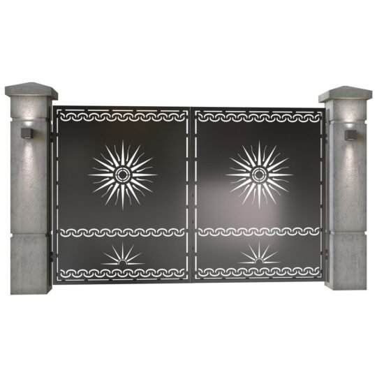 Poarta auto mica batanta din tabla decupata (traforata CNC) cu plasma, model Soare, SM SOA04, 3000 x 1940 mm, Negru