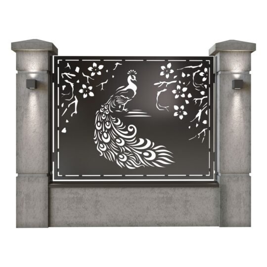 Panou de gard mare din tabla decupata (traforata) CNC cu plasma, model Pauni, SM PUN03, 1940 x 1500 mm, Negru