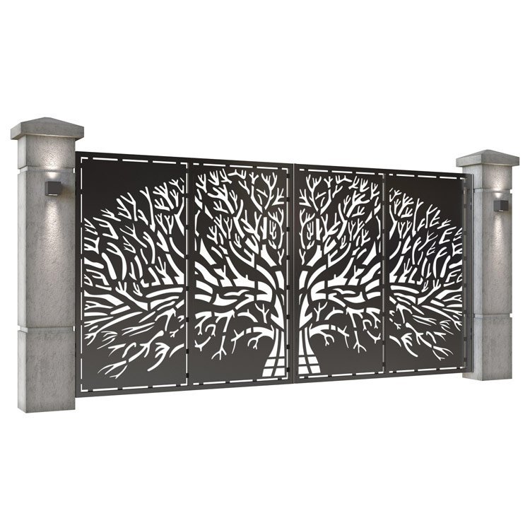 Poarta auto mare batanta din tabla decupata (traforata CNC) cu plasma, model Arbore, SM ARB05, 3884 x 1940 mm, Negru - imagine 2
