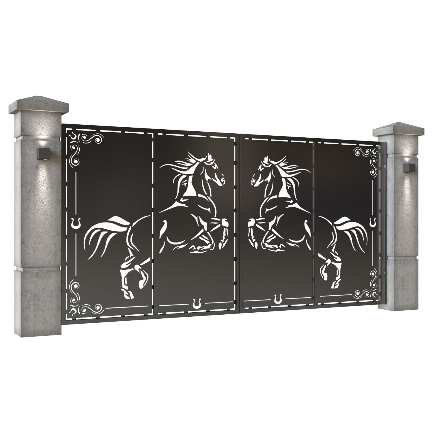 Poarta auto mare batanta din tabla decupata (traforata CNC) cu plasma, model Cal (Cai), SM CAL05 , 3884 x 1940 mm, Negru - imagine 2