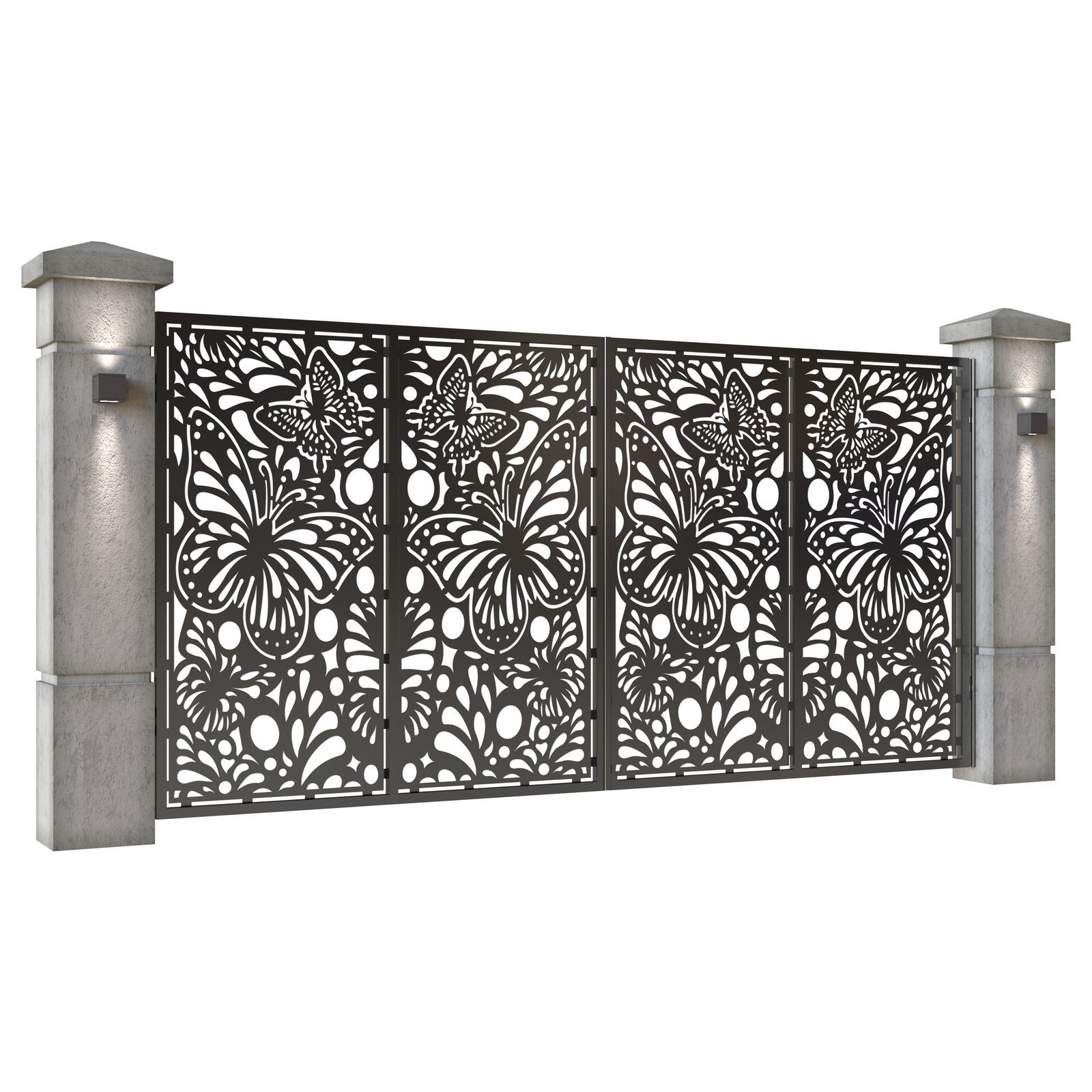 Poarta auto mare batanta din tabla decupata (traforata CNC) cu plasma, model Fluturi, SM FLT05, 3884 x 1940 mm, Negru - imagine 2