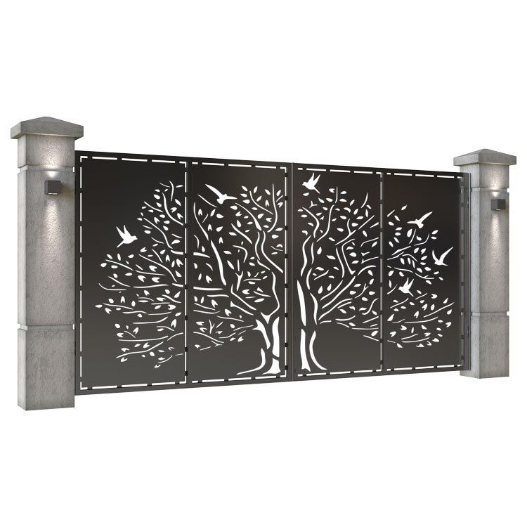 Poarta auto mare batanta din tabla decupata (traforata CNC) cu plasma, model Forest, SM FRS05, 3884 x 1940 mm, Negru - imagine 2