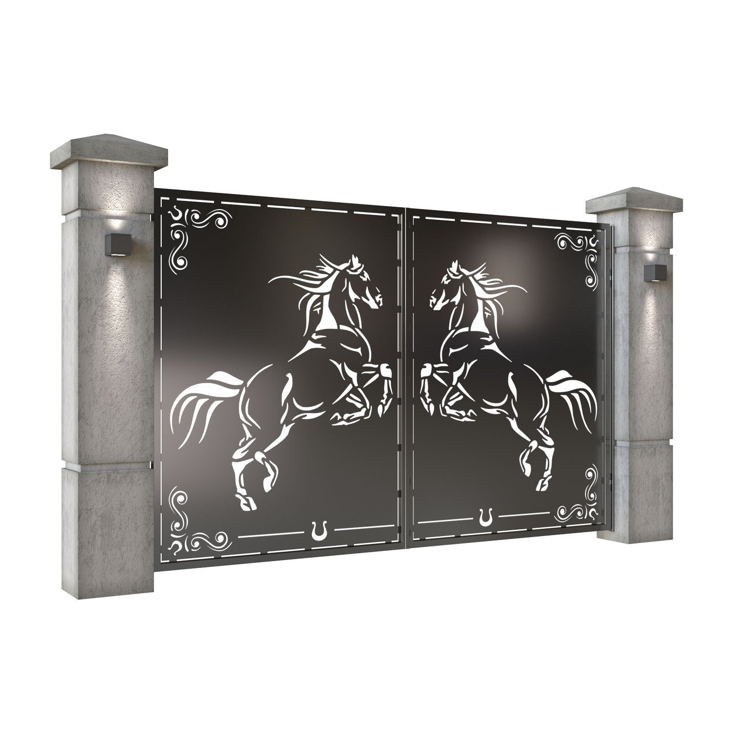 Poarta auto mica batanta din tabla decupata (traforata CNC) cu plasma, model Cal (Cai), SM CAL04, 3000 x 1940 mm, Negru - imagine 2