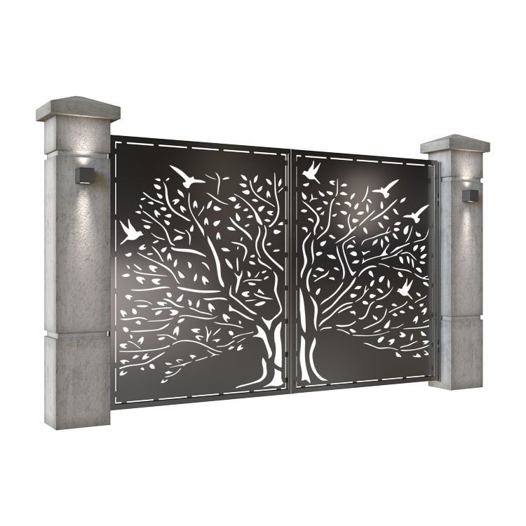 Poarta auto mica batanta din tabla decupata (traforata CNC) cu plasma, model Forest, SM FRS04, 3000 x 1940 mm, Negru - imagine 2